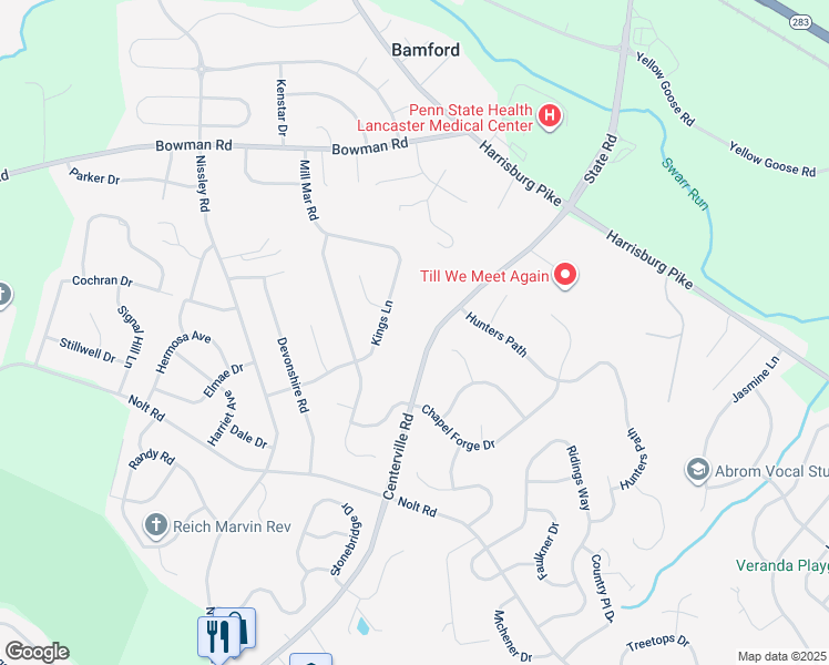 map of restaurants, bars, coffee shops, grocery stores, and more near 1094 Centerville Road in Lancaster