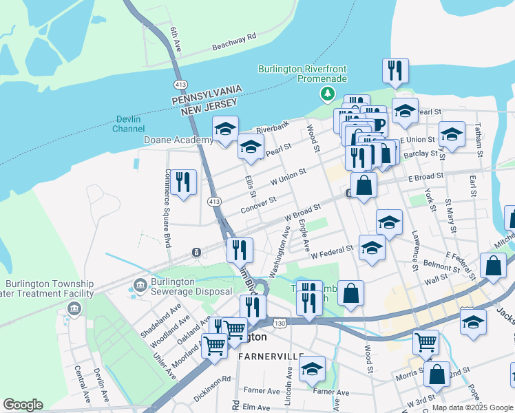 map of restaurants, bars, coffee shops, grocery stores, and more near Ellis Street & Conover Street in Burlington