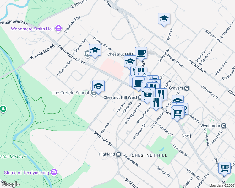 map of restaurants, bars, coffee shops, grocery stores, and more near 102 Shawnee Street in Philadelphia