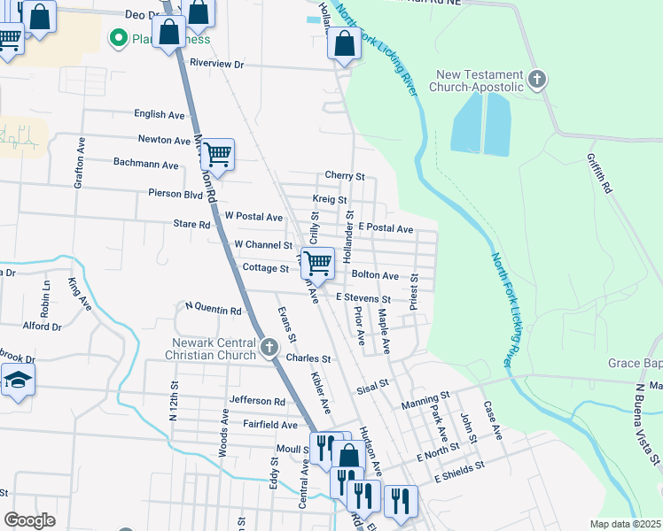 map of restaurants, bars, coffee shops, grocery stores, and more near 53 East Channel Street in Newark