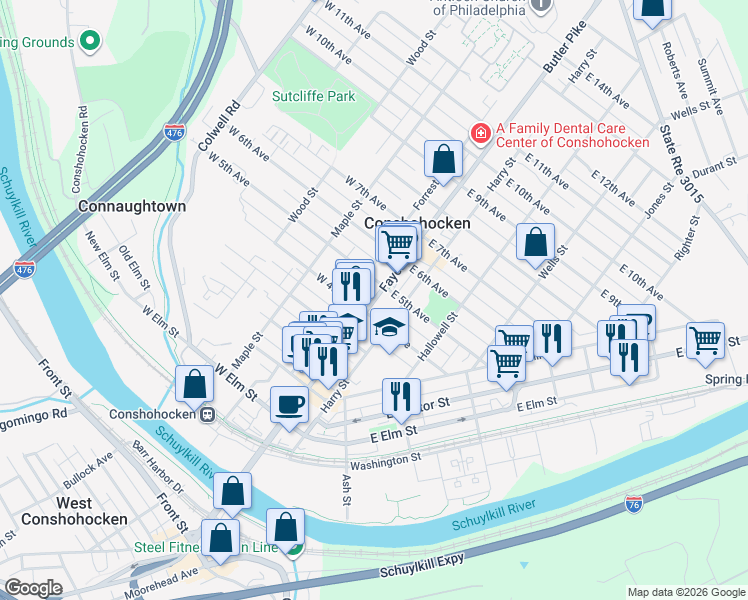 map of restaurants, bars, coffee shops, grocery stores, and more near Fayette Street in Conshohocken