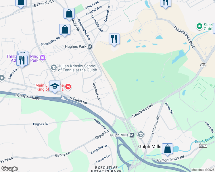 map of restaurants, bars, coffee shops, grocery stores, and more near 190 Pine Tree Road in King of Prussia