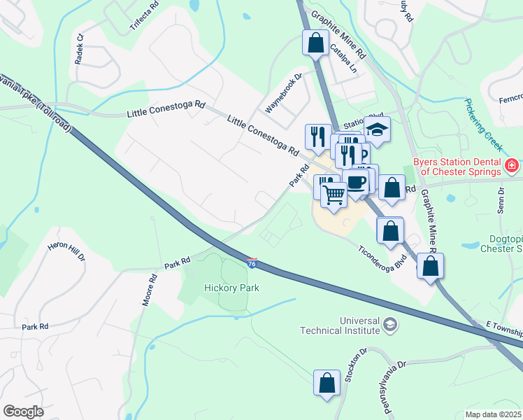 map of restaurants, bars, coffee shops, grocery stores, and more near 63 Lila Lane in Downingtown