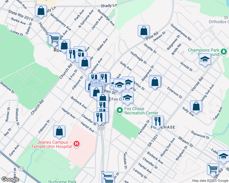 map of restaurants, bars, coffee shops, grocery stores, and more near 8010 Jeanes Street in Philadelphia
