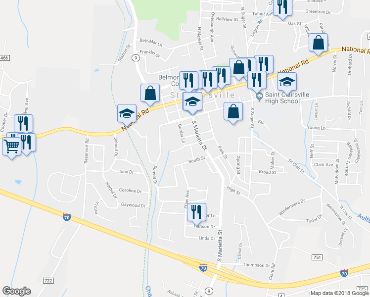 map of restaurants, bars, coffee shops, grocery stores, and more near 203 Bethel Lane in Saint Clairsville