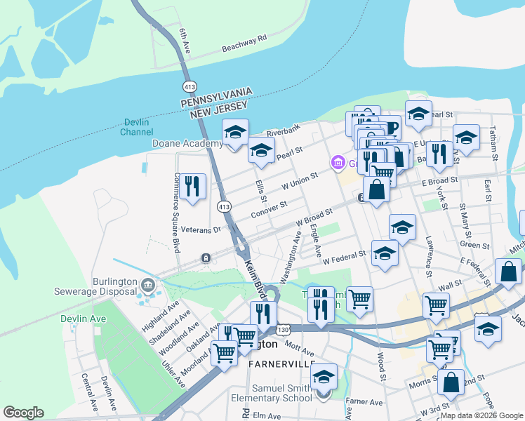 map of restaurants, bars, coffee shops, grocery stores, and more near 305 Conover Street in Burlington