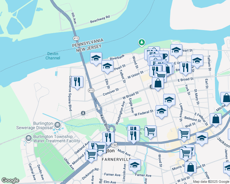 map of restaurants, bars, coffee shops, grocery stores, and more near 244 Conover Street in Burlington