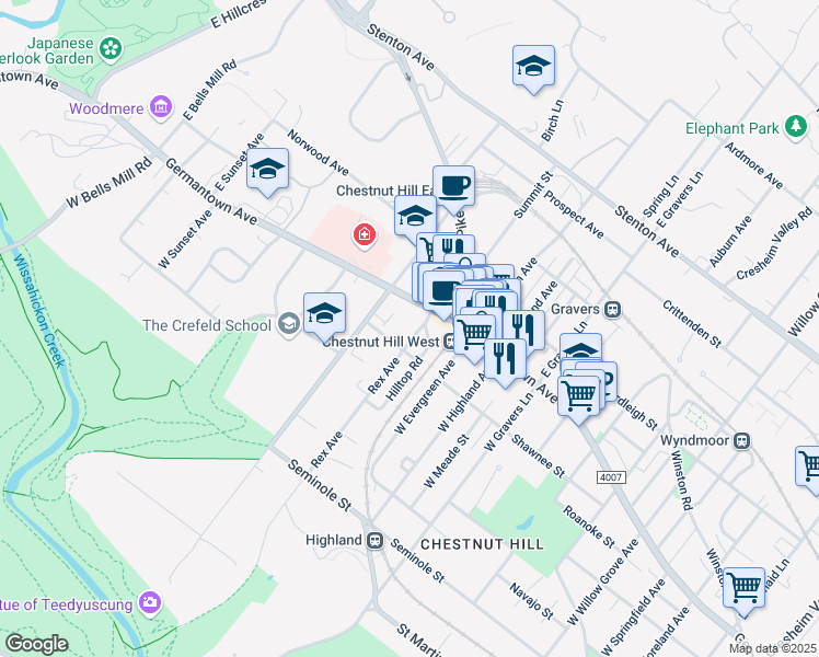 map of restaurants, bars, coffee shops, grocery stores, and more near 35 Rex Avenue in Philadelphia