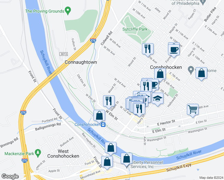 map of restaurants, bars, coffee shops, grocery stores, and more near 128 Wood Street in Conshohocken
