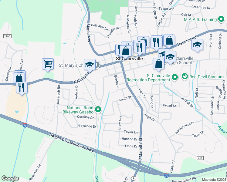 map of restaurants, bars, coffee shops, grocery stores, and more near 206 Bethel Lane in Saint Clairsville
