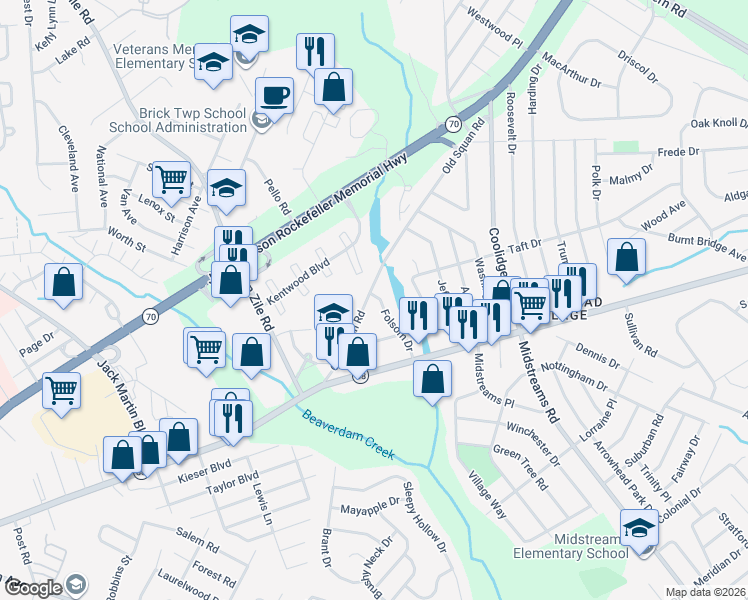 map of restaurants, bars, coffee shops, grocery stores, and more near 235 Folsom Drive in Brick Township