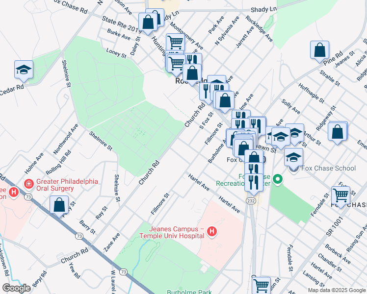 map of restaurants, bars, coffee shops, grocery stores, and more near 101 Borbeck Avenue in Rockledge