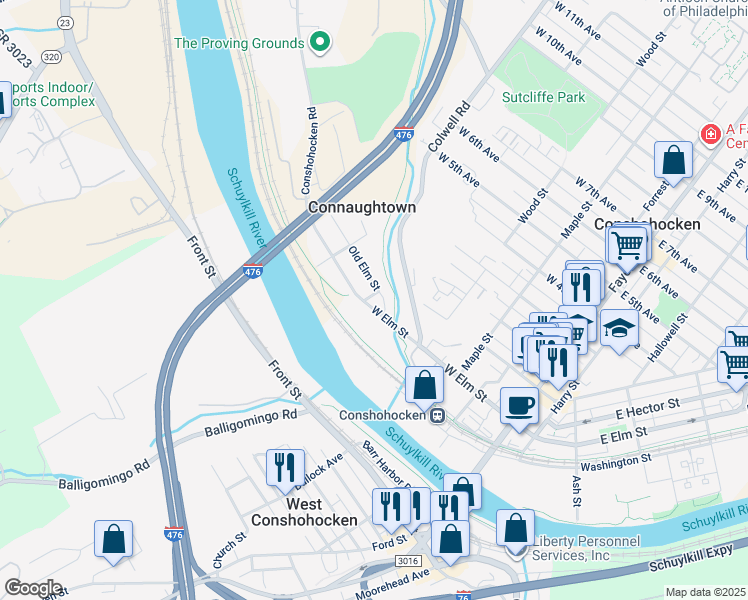 map of restaurants, bars, coffee shops, grocery stores, and more near 415 West Elm Street in Conshohocken