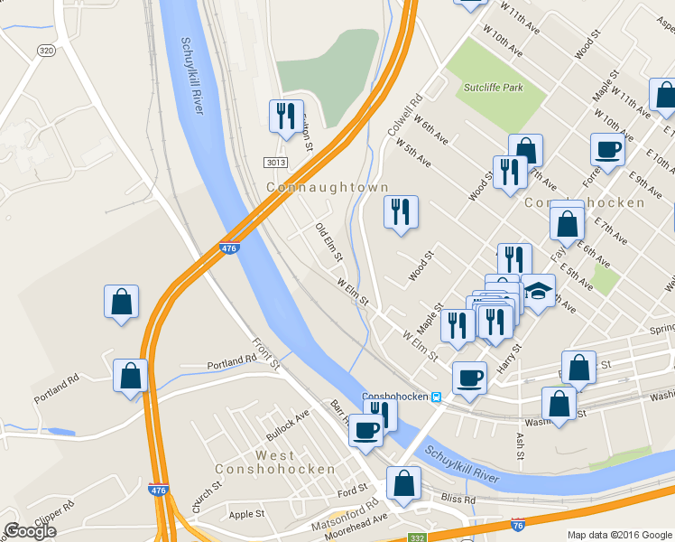 map of restaurants, bars, coffee shops, grocery stores, and more near 415 West Elm Street in Conshohocken