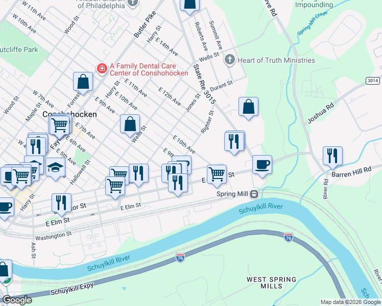 map of restaurants, bars, coffee shops, grocery stores, and more near 913 Righter Street in Conshohocken