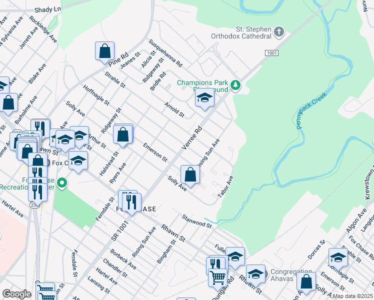 map of restaurants, bars, coffee shops, grocery stores, and more near 8313 Verree Road in Philadelphia