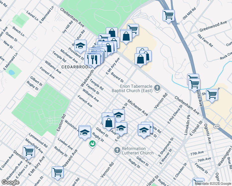 map of restaurants, bars, coffee shops, grocery stores, and more near 1451 East Mount Pleasant Avenue in Philadelphia