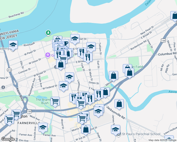 map of restaurants, bars, coffee shops, grocery stores, and more near 438 Saint Mary Street in Burlington