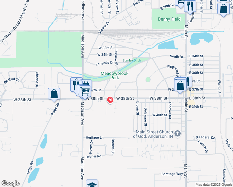 map of restaurants, bars, coffee shops, grocery stores, and more near 3704 Fairview Street in Anderson