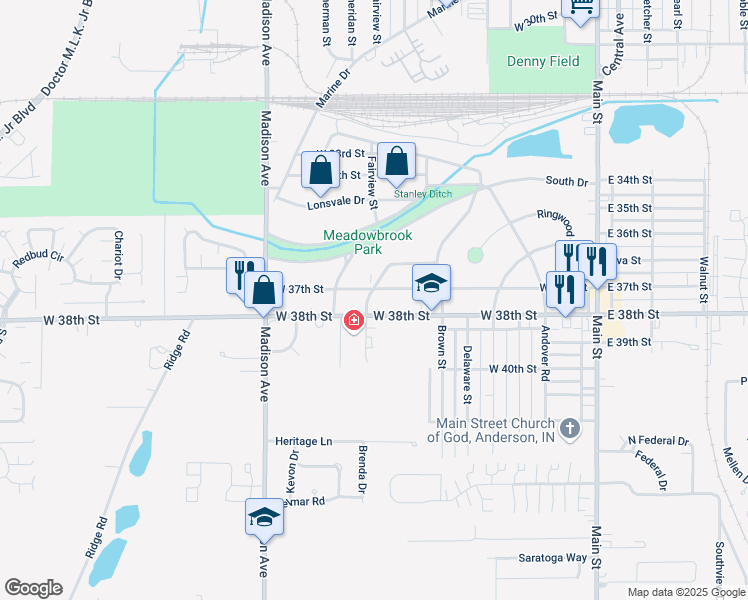 map of restaurants, bars, coffee shops, grocery stores, and more near 3704 Fairview Street in Anderson