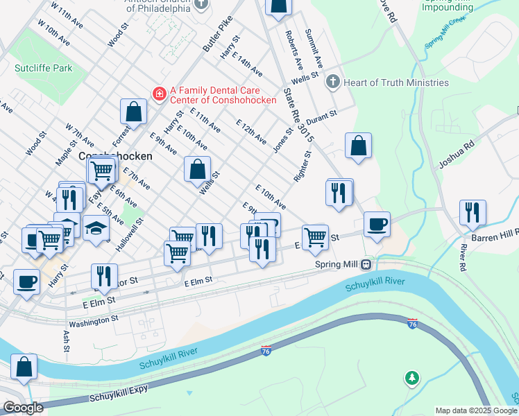 map of restaurants, bars, coffee shops, grocery stores, and more near 434 East 9th Avenue in Conshohocken