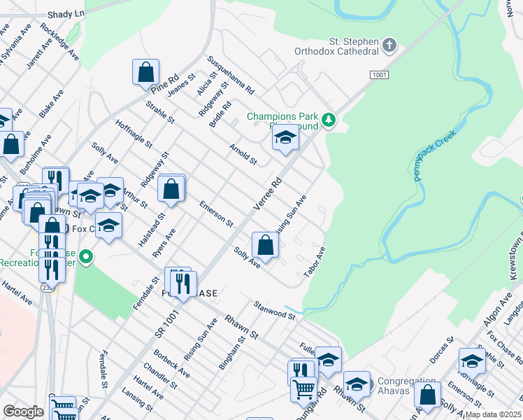 map of restaurants, bars, coffee shops, grocery stores, and more near 8313 Verree Road in Philadelphia