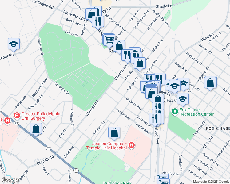 map of restaurants, bars, coffee shops, grocery stores, and more near 101 Borbeck Avenue in Rockledge