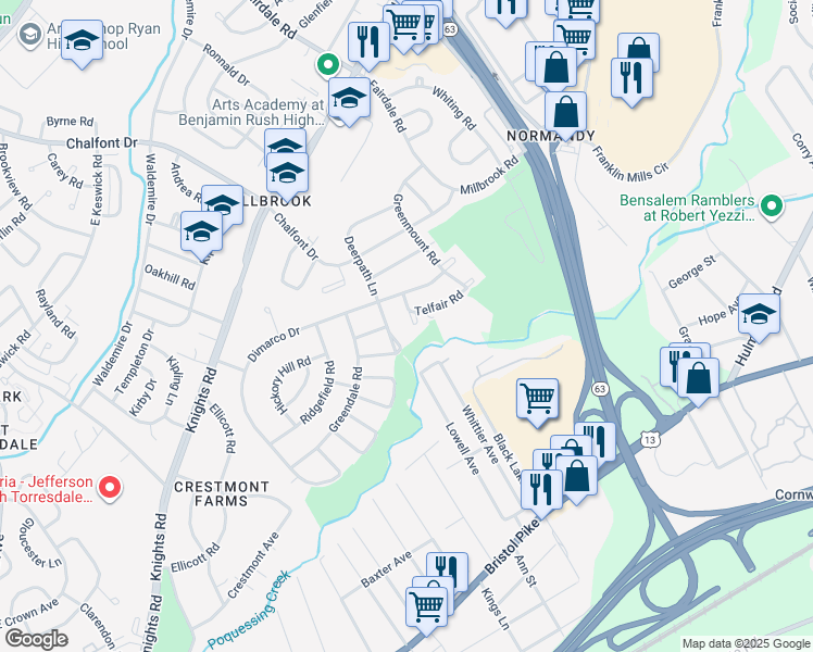 map of restaurants, bars, coffee shops, grocery stores, and more near 4418 Crossland Road in Philadelphia