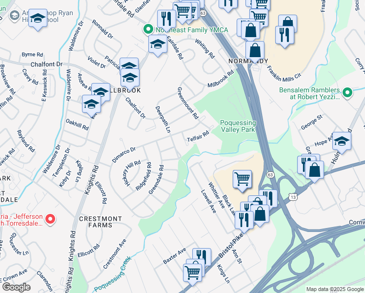 map of restaurants, bars, coffee shops, grocery stores, and more near 4418 Crossland Road in Philadelphia
