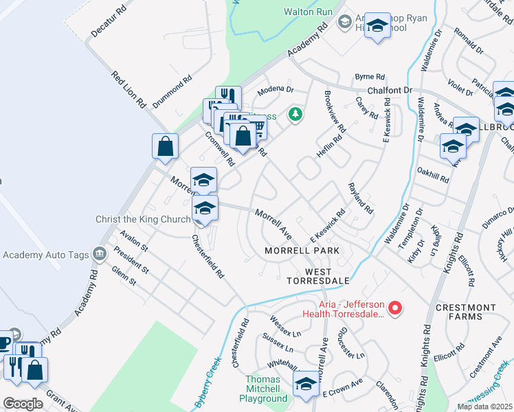 map of restaurants, bars, coffee shops, grocery stores, and more near 3305 Morrell Avenue in Philadelphia