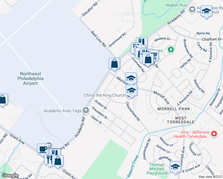 map of restaurants, bars, coffee shops, grocery stores, and more near 3213 Thornbrook Place in Philadelphia