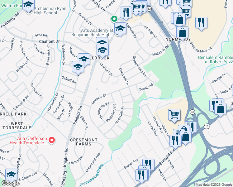 map of restaurants, bars, coffee shops, grocery stores, and more near 257 Dimarco Drive in Philadelphia