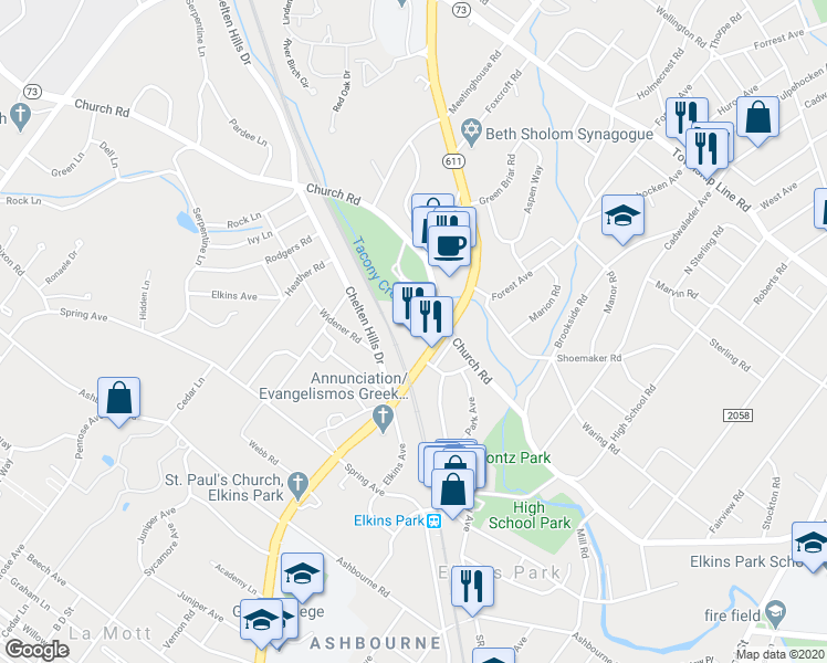 map of restaurants, bars, coffee shops, grocery stores, and more near Bosler Road in Elkins Park