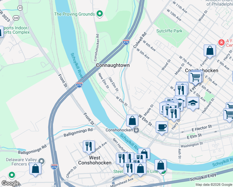 map of restaurants, bars, coffee shops, grocery stores, and more near 404 Old Elm Street in Conshohocken