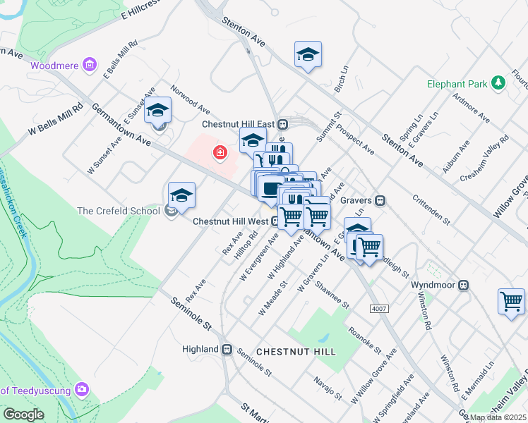 map of restaurants, bars, coffee shops, grocery stores, and more near 8 Rex Avenue in Philadelphia
