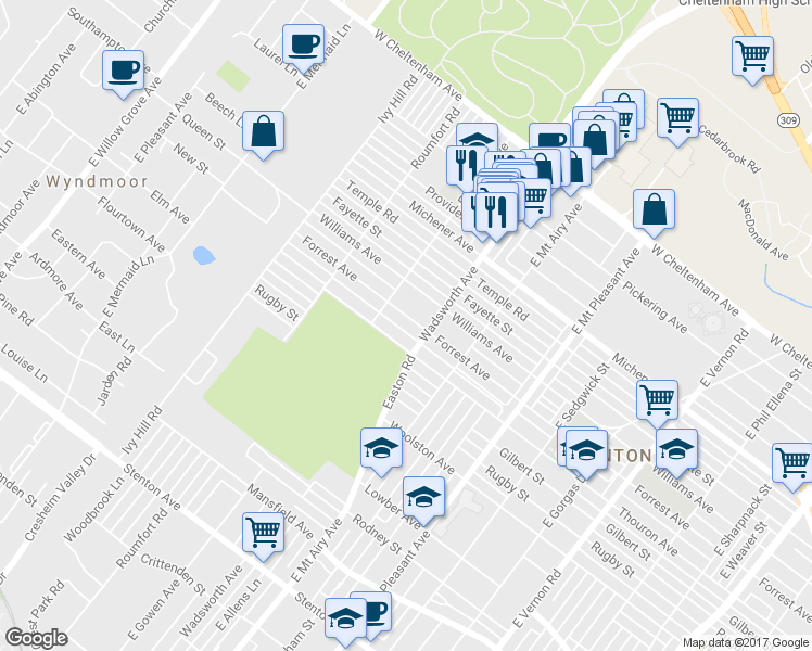 map of restaurants, bars, coffee shops, grocery stores, and more near 8420 Forrest Avenue in Philadelphia