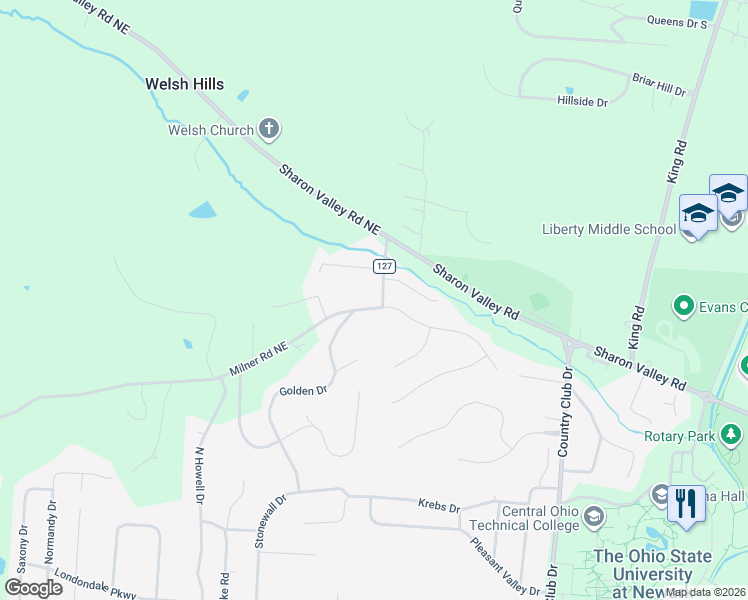 map of restaurants, bars, coffee shops, grocery stores, and more near 4387 Milner Road Northeast in Newark