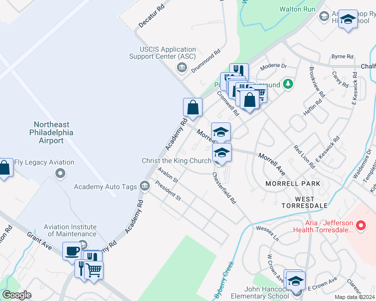 map of restaurants, bars, coffee shops, grocery stores, and more near 3213 Thornbrook Place in Philadelphia