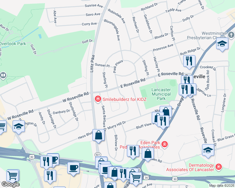 map of restaurants, bars, coffee shops, grocery stores, and more near 1872 Beverly Dr in Lancaster
