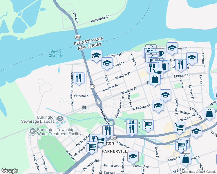 map of restaurants, bars, coffee shops, grocery stores, and more near 301 Conover Street in Burlington