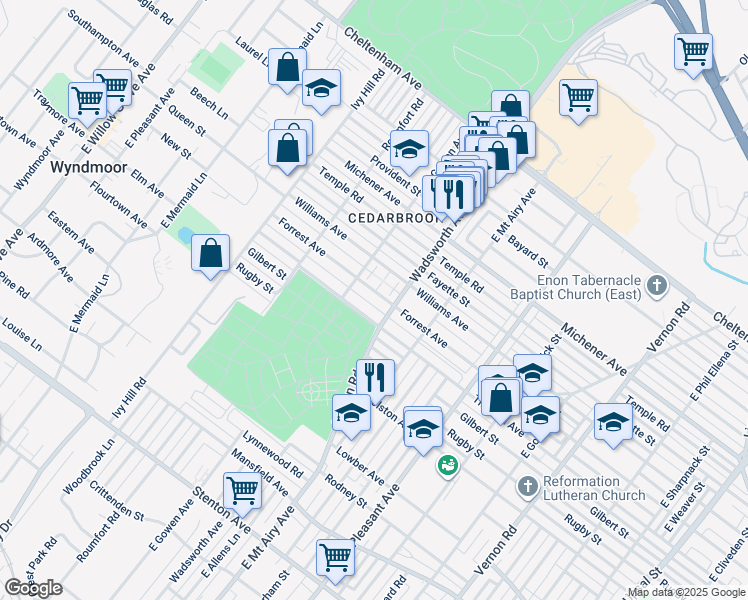 map of restaurants, bars, coffee shops, grocery stores, and more near 8420 Forrest Avenue in Philadelphia