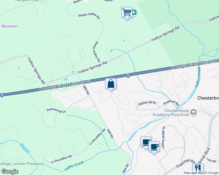 map of restaurants, bars, coffee shops, grocery stores, and more near 13 Sturbridge Lane in Chesterbrook