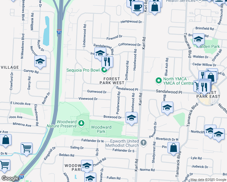 map of restaurants, bars, coffee shops, grocery stores, and more near 5394 Redwood Road in Columbus