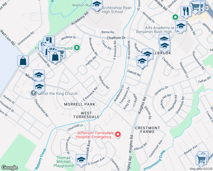 map of restaurants, bars, coffee shops, grocery stores, and more near 219 Rayland Road in Philadelphia