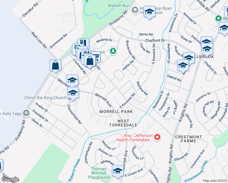map of restaurants, bars, coffee shops, grocery stores, and more near 10237 Albemarle Lane in Philadelphia