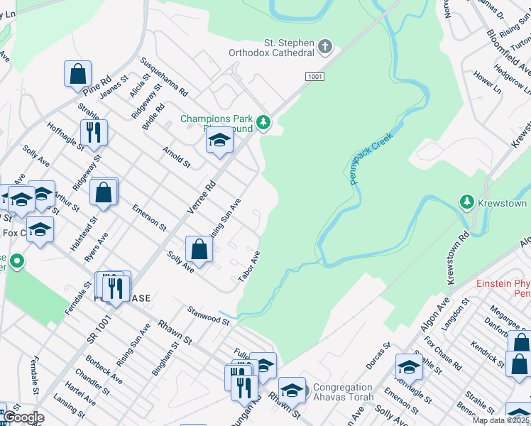 map of restaurants, bars, coffee shops, grocery stores, and more near 8424 Strahle Terrace in Philadelphia