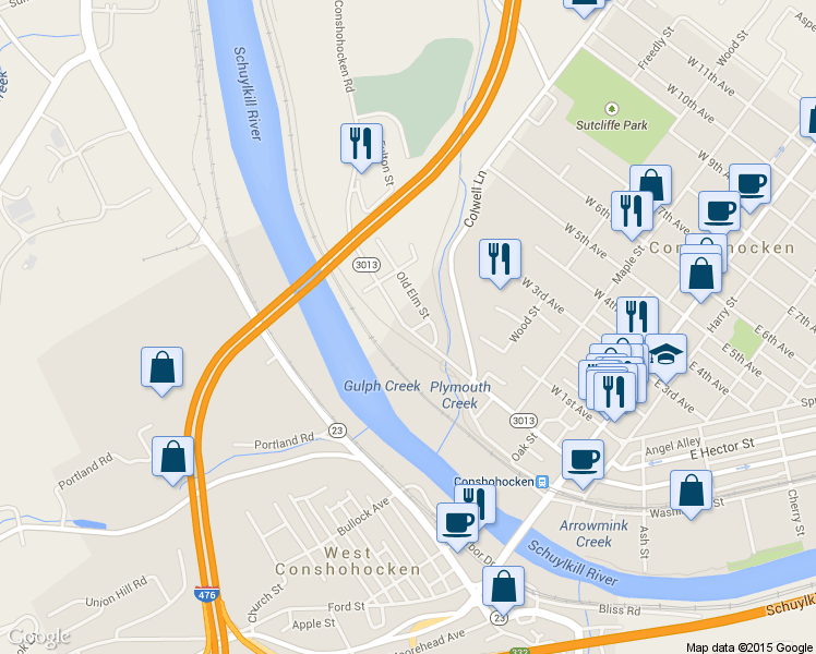 map of restaurants, bars, coffee shops, grocery stores, and more near 445 West Elm Street in Conshohocken