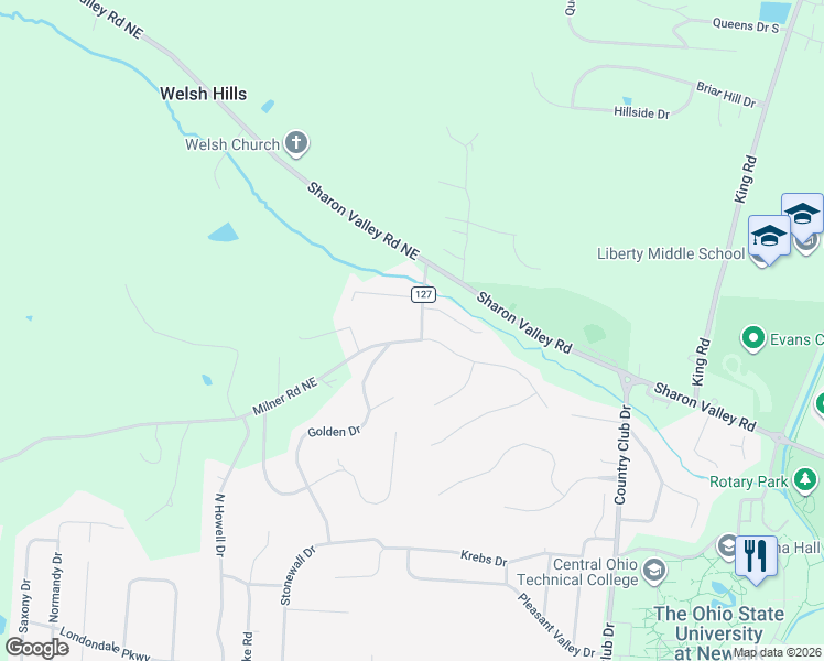 map of restaurants, bars, coffee shops, grocery stores, and more near 4387 Milner Road Northeast in Newark