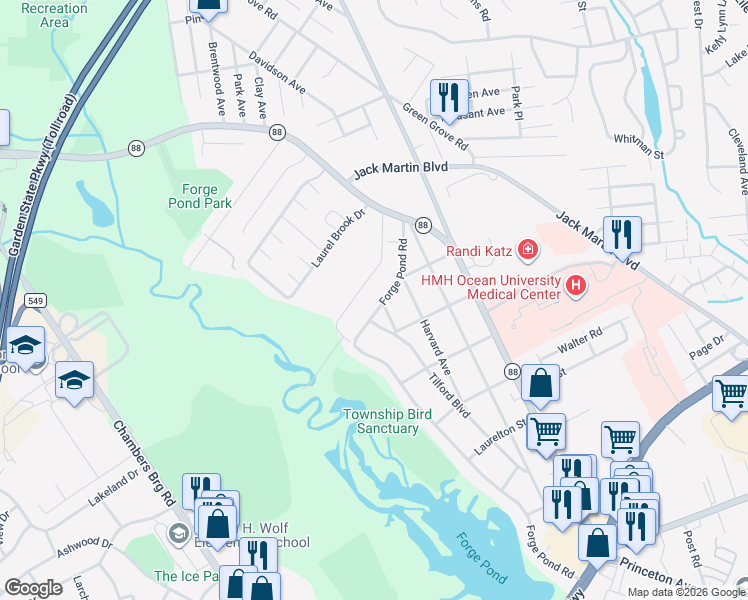 map of restaurants, bars, coffee shops, grocery stores, and more near 1583 Forge Pond Road in Brick Township