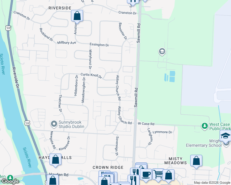 map of restaurants, bars, coffee shops, grocery stores, and more near 2924 Leatherlips Trail in Dublin